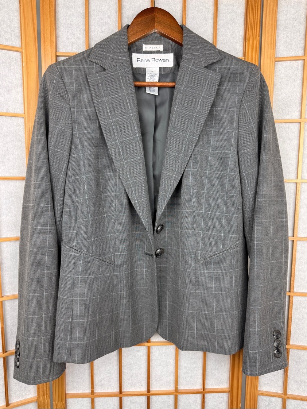 Rena Rowan Gray Plaid Windowpane Stretch Blazer Jacket Workwear - Size 6
